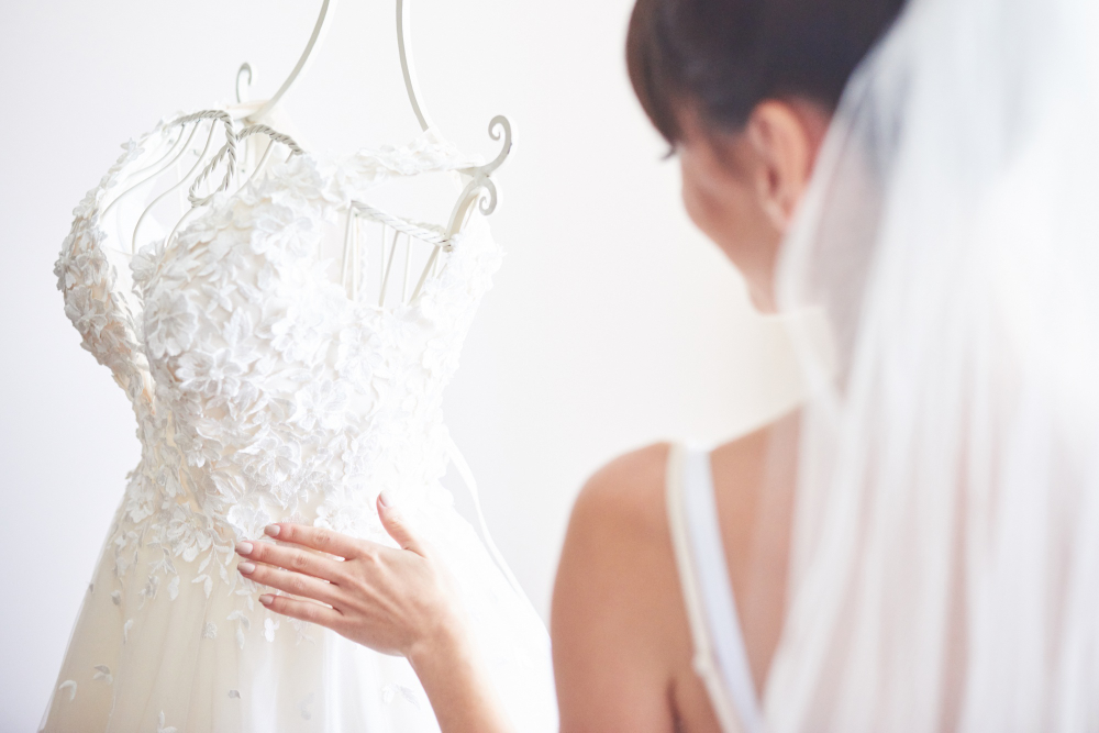 Bridal dress detail for straps sleeves and finishing evaluation