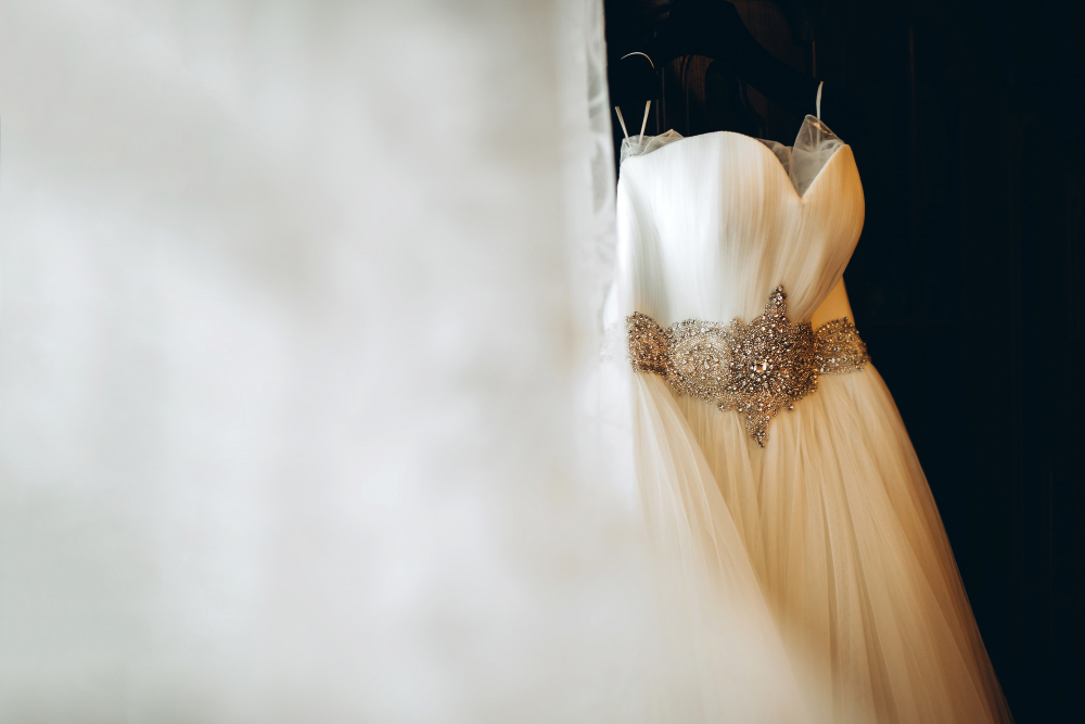Wedding gown detail for hem and skirt evaluation