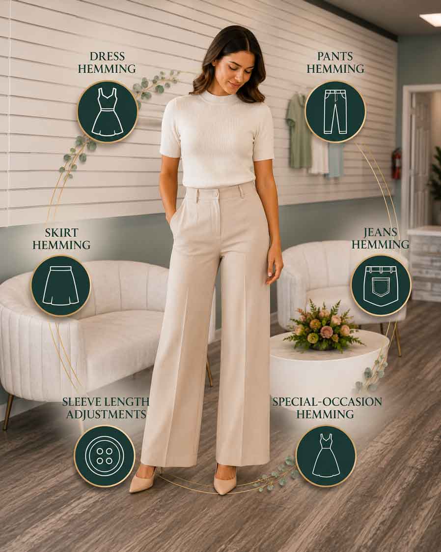 Dress pants jeans skirt and clothing hemming services at Studio Elsys in Largo Florida