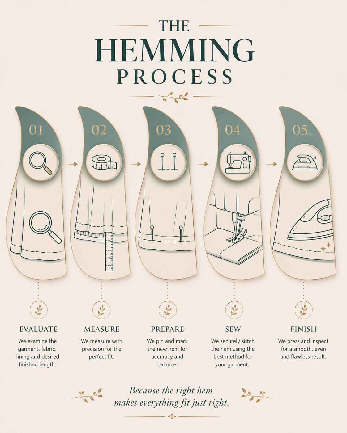 Studio Elsys professional hemming process infographic showing garment evaluation measuring preparation sewing and finishing