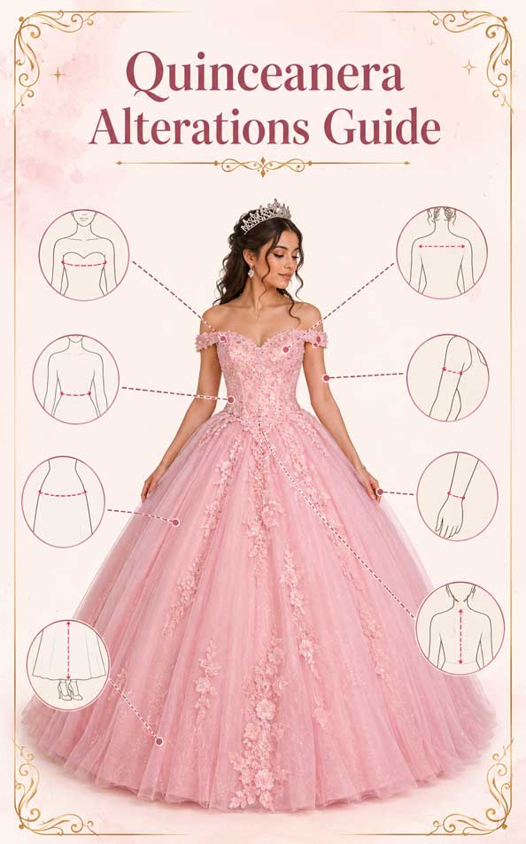 Educational quinceañera gown alterations guide showing fitting adjustment areas