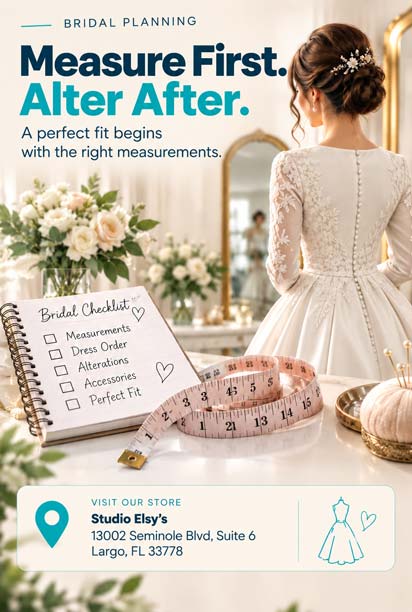 Measure first and alter after bridal planning guide for Clearwater brides visiting Studio Elsys in Largo Florida